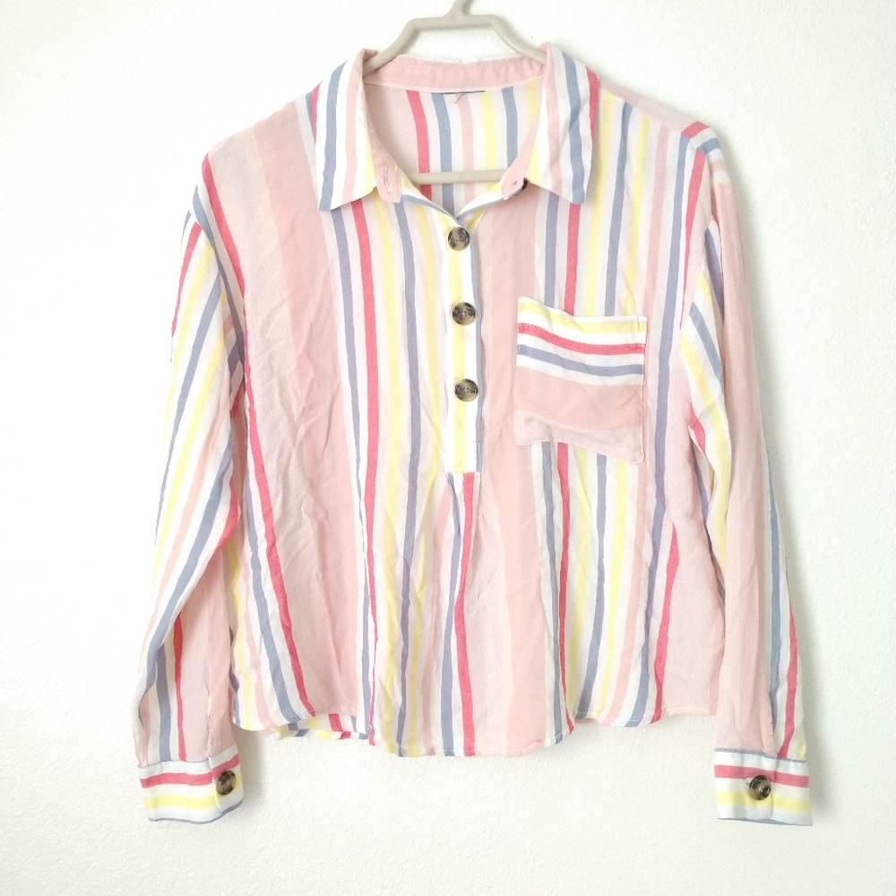 Cute Colorful Striped CROP Top Shirt Rayon Multicolor Size Large Chest 38"